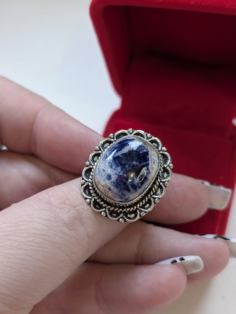 Vintage Handmade Genuine Blue Sodalite Set In Sterling Silver Size 7.75